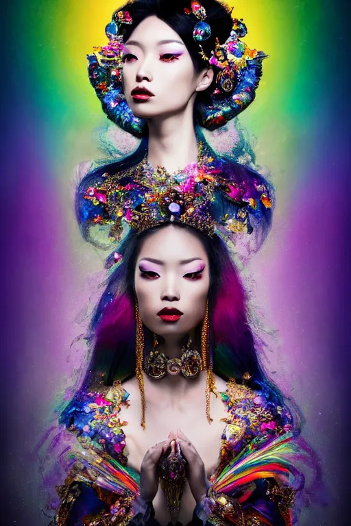 Image similar to a singular beautiful empress dramatic portrait, black hair, with a brilliant, impossible striking shiny big multi colored crystal headpiece, symmetrical, reflective surface, rainbow crystal clothes, rococo, baroque, jewels, asian, realistic, dramatic studio lighting, closeup, D&D, fantasy, intricate, elegant, highly detailed, digital painting, artstation, octane render, 8k, concept art, matte, sharp focus, illustration, art by Artgerm and Greg Rutkowski and Alphonse Mucha