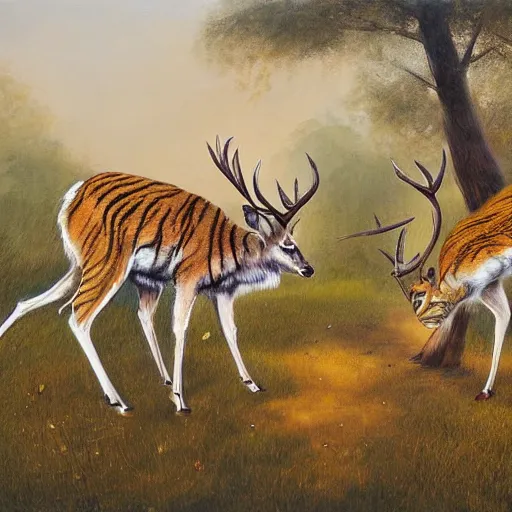 Image similar to a painting of deer and tiger facing each other, their heads bowed towards ground by esao andrews