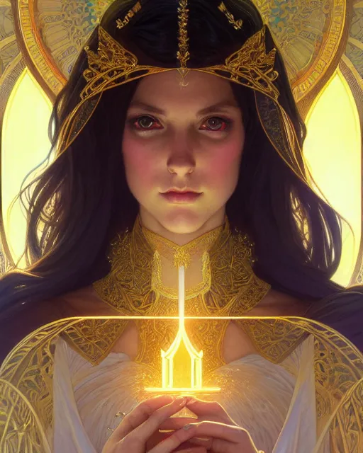 Prompt: symmetry portrait of brunette princess, glam, cleric, fireflies, holy temple background, intricate, elegant, highly detailed, digital painting, artstation, concept art, smooth, sharp focus, illustration, art by artgerm and greg rutkowski and fra angelico and alphons mucha