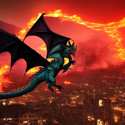 Prompt: horror dragon flying over a city, fire, lava, smoke, ethereal