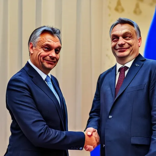 Prompt: Viktor Orban giving a handshake to Andrew Tate, Hyperrealistic, 8k UHG,