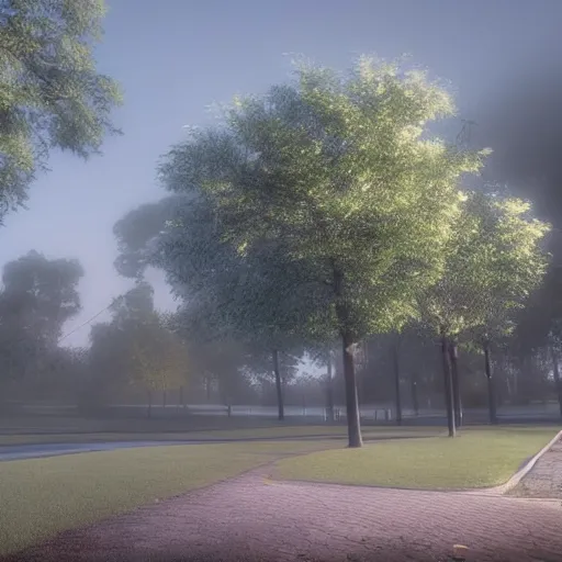 Image similar to still shot of a park covered in morning fog, highly detailed, photorealistic portrait, bright studio setting, studio lighting, crisp quality and light reflections, unreal engine 5 quality render