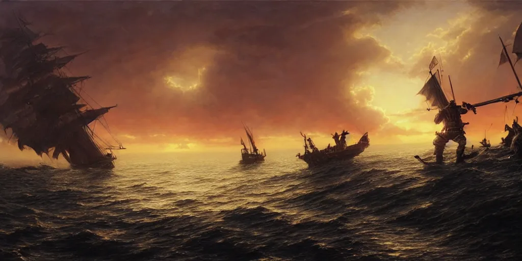 Prompt: two pirates facing each other in death duel, axes, gun, smoldering barrel, gunpowder smoke, dramatic, bloody scene, sunset background, ship on the horizon!, portrait 4 / 3, high detail, greg rutkowski, james gurney, gene wolfe, gustave dore, jesper ejsing, rhads, makoto shinkai, ilya kuvshinov