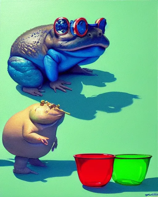 Prompt: hyper realistic oil painting of a fat toad wearing anaglyph glasses : a green and a blue glass, popcorn pot, vibrant colors, high contrast, by greg rutkowski and denis villeneuve, trending on artstation