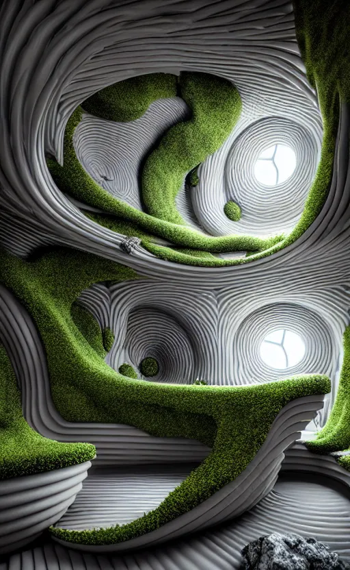 Image similar to highly detailed ultra sharp 3 d render villa interior cinematic composition of a smooth ceramic porcelain biomorphic magnolia stone nebula fluid fractal sci - fi surreal architecture landscape, granite, metallic, magnesium, marble, moss and lichen, vincent callebaut composition, mamou - mani, archviz, beautiful lighting, 8 k, unreal engine, hdr,