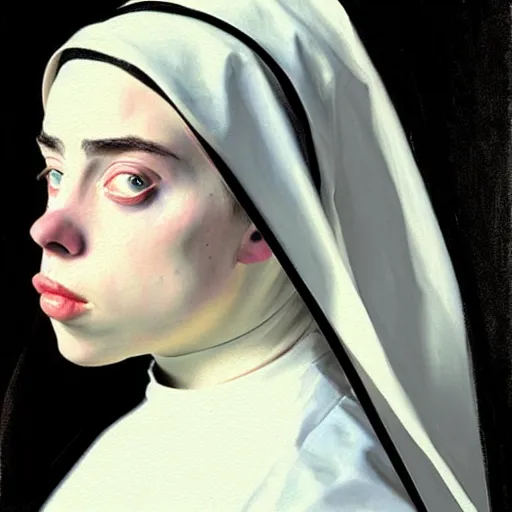 Prompt: Billie Eilish as a sad nun, painted by John Singer Sargent, detailed brushstrokes