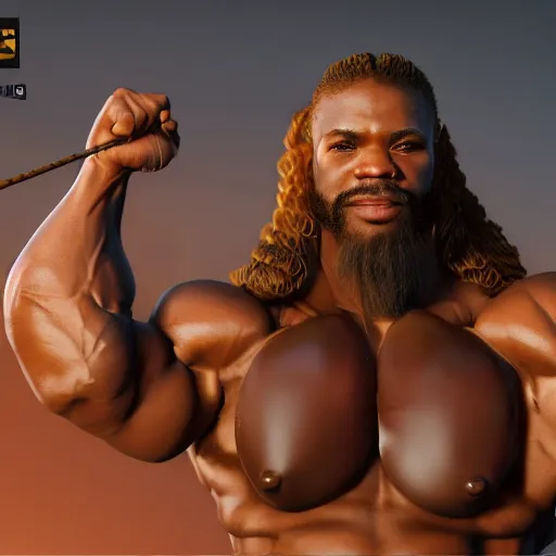 Image similar to a handsome bodybuilder viking girl with african american, clash royal style characters, unreal engine 5, octane render, detailed, cinematografic, cinema 4 d, artstation trending