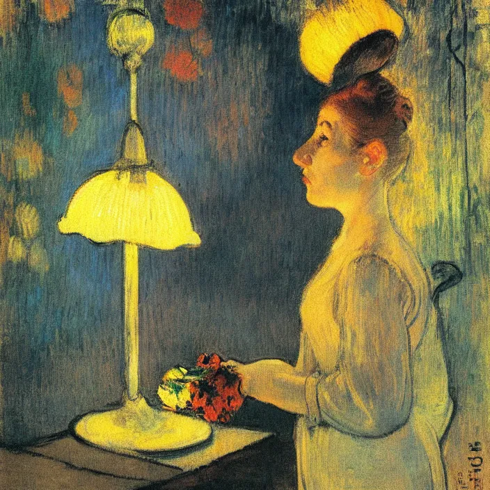 Prompt: woman selling flowers under a lamp, at night. painting by degas, monet, henri de toulouse - lautrec, agnes pelton, hopper