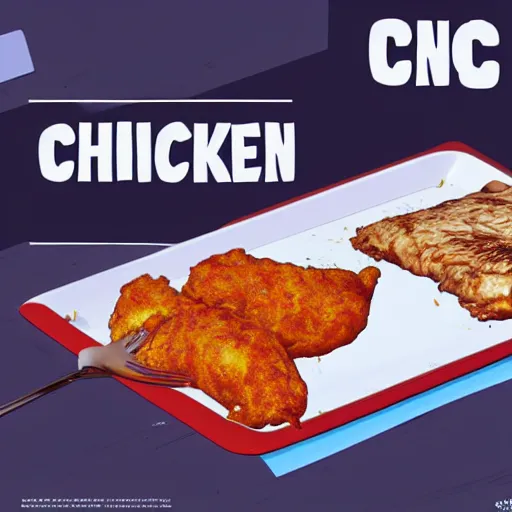 Image similar to chicken fried on a computer cpu plate, food, poster, orthographic, octane