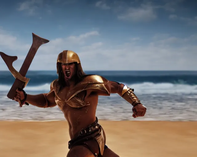 Image similar to single spartan with surfing on australian beach, epic award winning action cinematic still from the movie 3 0 0, 8 k, global illumination, detailed face, muscles, rim highlights, hyper realistic, stunning waves, happy vibes