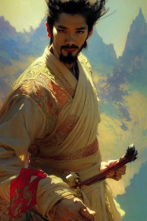 Image similar to attractive man, wuxia, colorful, painting by gaston bussiere, craig mullins, greg rutkowski, alphonse mucha