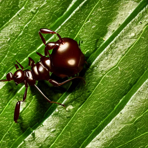 Prompt: robotic ant on a green leaf, macro photography, 8 k, moody lighting, shallow depth of field,