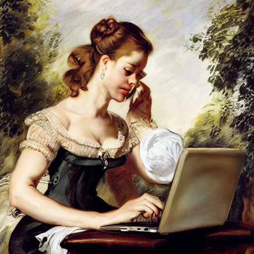 Image similar to heavenly summer sharp land sphere scallop well dressed lady working on her laptop auslese, by peter paul rubens and eugene delacroix and karol bak, hyperrealism, digital illustration, fauvist, laptop, laptop