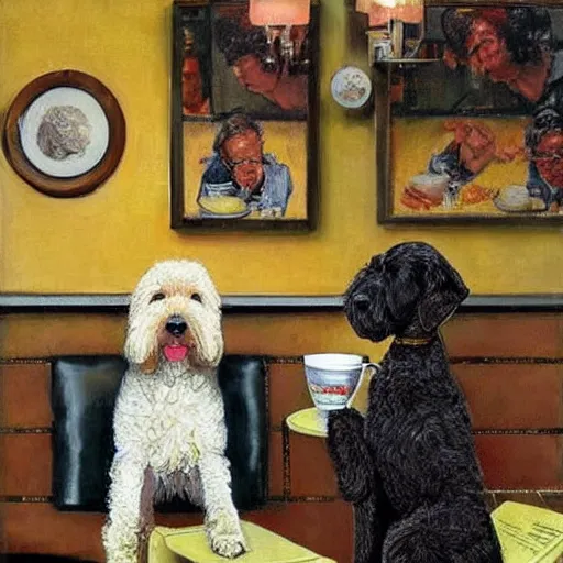 Image similar to Black Goldendoodle with a bright face and a puppy sitting at a diner drinking a cup of coffee, looking melancholy, Norman Rockwell style