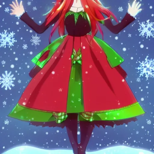 Image similar to christmas tree waifu, an anime girl dressed as a christmas tree