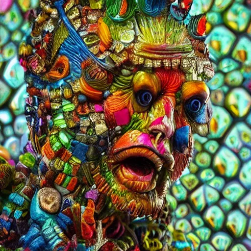 Prompt: giant colourful tiny intricate variations of detail cool beautiful creature sculpture, full deep focus maximalist photography, hieronymus bosch, reflections, 8 k