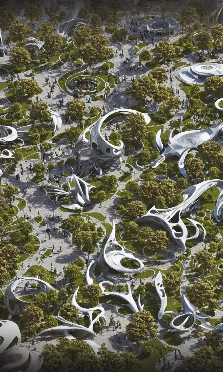 Image similar to a busy elaborate ornate outdoor park, cinematic, shadows, partly cloudy day, 4 k, detailed, by zaha hadid