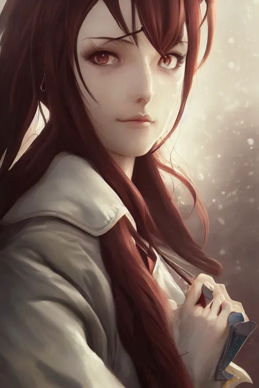 Image similar to highly detailed portrait of makise kurisu from steins gate, labcoat, fantasy art by artgerm, tom bagshaw, charlie bowater, detailed and intricate environment, trending on artstation