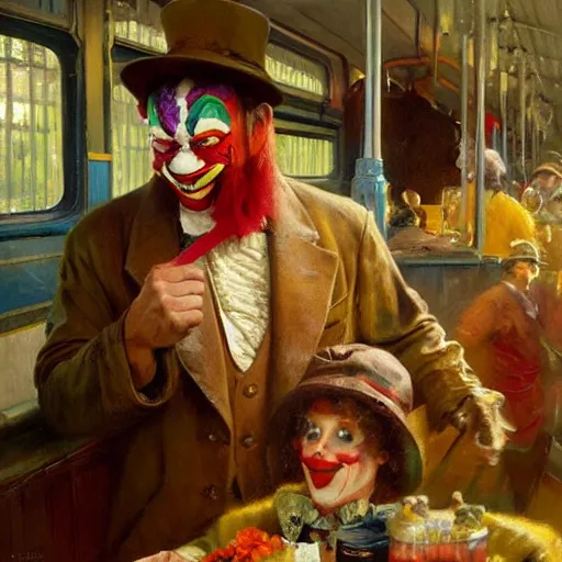 Image similar to a clown selling goodies on the train, highly detailed painting by gaston bussiere, craig mullins, j. c. leyendecker 8 k