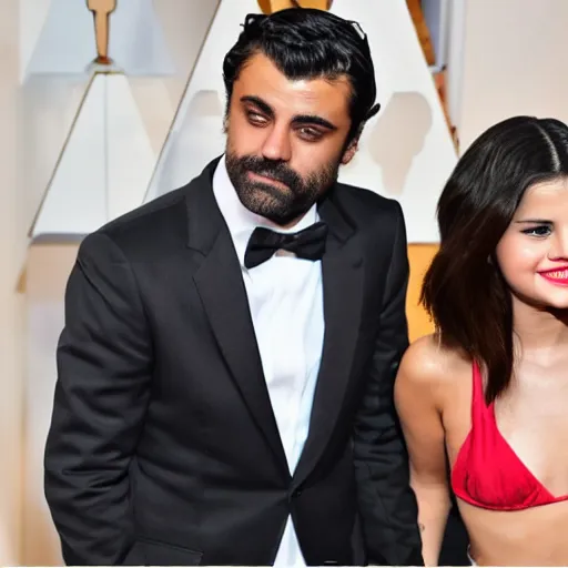 Image similar to Selena Gomez pointing a gun to Oscar Isaac