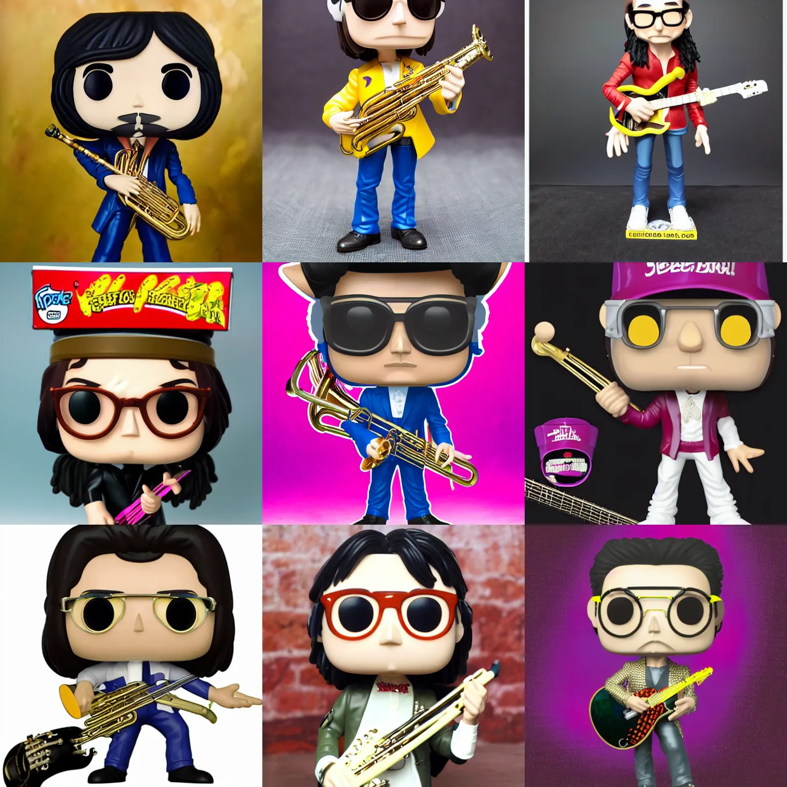 Prompt: full body Steve vai as a funko pop doll playing a detailed realistic tuba