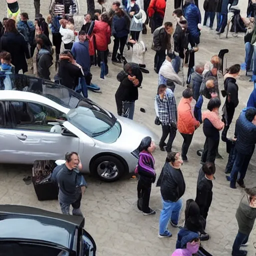 Prompt: car-manipulator picks up one person from a queue of people looking for a store