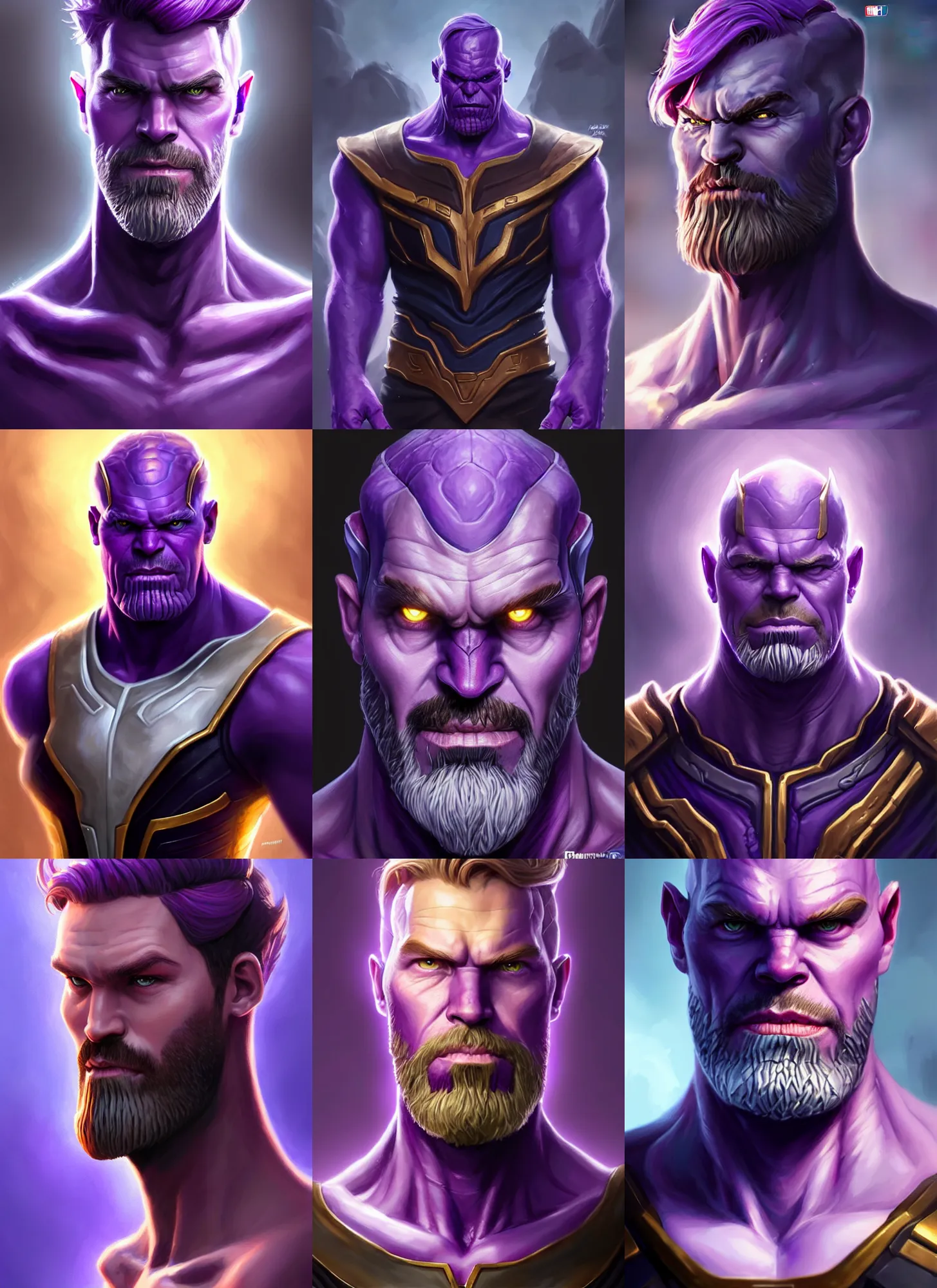 Prompt: a fantasy style portrait painting a character if pewdiepie ( felix arvid ) and thanos had a son, purple skin, powerful chin, thanos style traits, painting, unreal 5, daz., rpg, portrait, extremely detailed, artgerm greg rutkowski _ greg