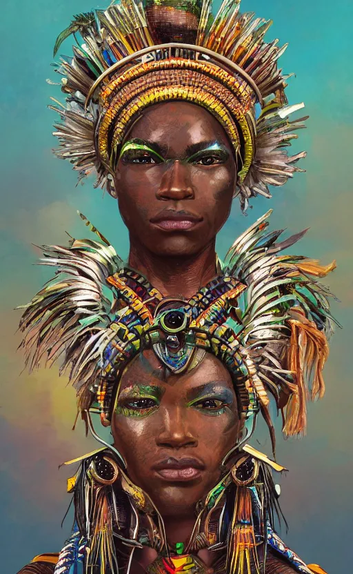 Prompt: upper half portrait of retro futuristic african tribal chief - embellished with vegetation and iridescent crystals, art by shinya edaki, highly detailed, digital painting, concept art, illustration, smooth sharp focus, intricate, symmetry, artstation, colourful,