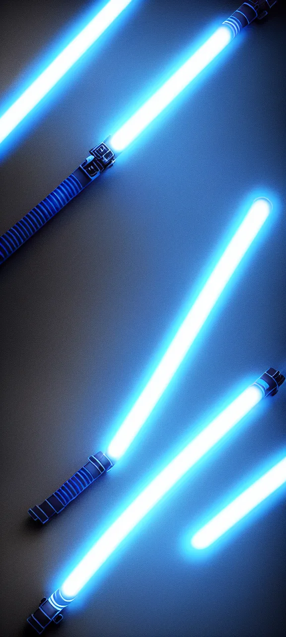 Image similar to detailed cinematic render, of a blue cyberpunk lightsaber lying vertically on a glossy floor, in a dark room, photo from above, octane render 8 k, digital art, lightsaber wallpaper 4 k, ray tracing, jedi fallen order lightsaber wallpaper 4 k, cal kestis lightsaber wallpaper
