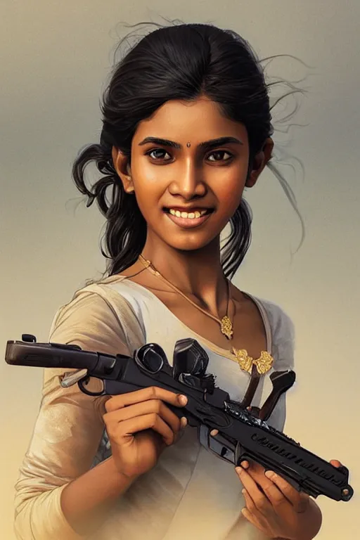 Image similar to sri lankan girl with a gun, smiling, sri lankan city, intricate, elegant, highly detailed, digital painting, artstation, concept art, smooth, sharp focus, illustration, art by artgerm and greg rutkowski and alphonse mucha