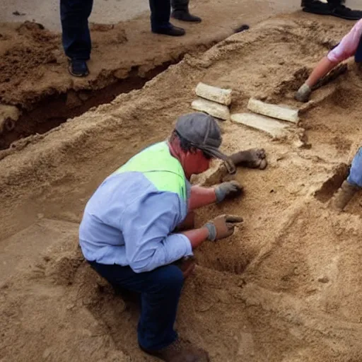 Prompt: photo of archaeologists unearthing a gold statue of danny devito