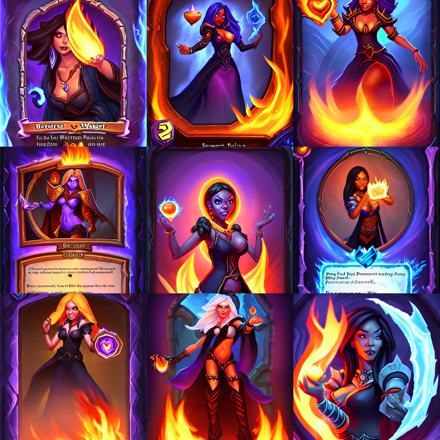 Prompt: Who : a sorceress with black clothed casting a fire ball; Physical : Beverly Paige body ; IMPORTANT : Hearthstone official splash art, Heartstone original art style, award winning