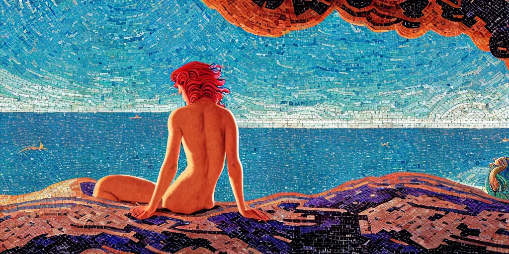Image similar to ancient roman mosaic of bluehead mermaid on sea horizon, low ceiling, illustration by moebius, rhads, syd mead, dan mumford, clean thick line, comics style