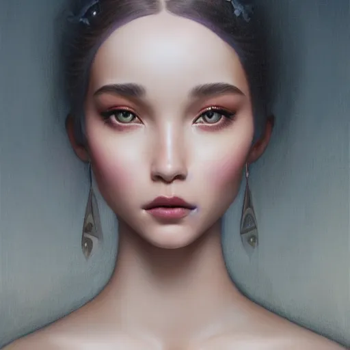 Image similar to tom bagshaw portrait, beautiful asian mix of dove cameron madison beer bella poarch in a full dress body, etheral makeup, ornamentals, professionally retouched, focus eyes, ultra realistic soft painting, insanely detailed linework, symmetrical accurate intricate features, behance, 8 k