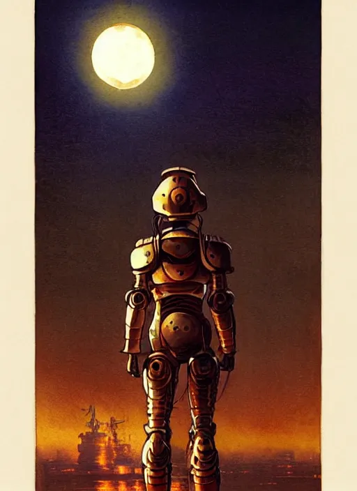 Image similar to vintage anime cinematic robot warrior with helmet emerging from moonlit post-apocalyptic city skyline by Ivan Aivazovsky, watercolor concept art by Syd Mead, by william herbert dunton, watercolor strokes, japanese woodblock, by Jean Giraud