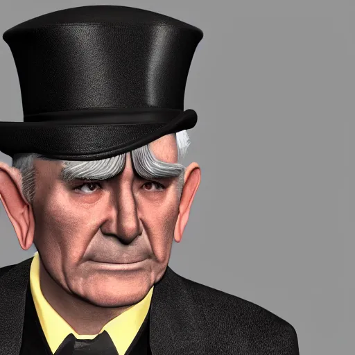 Prompt: an old male halfling with grey hair and black eyes wearing a suit and top hat, D&D, high detail, trending on artstation, 4k photorealistic, volumetric lighting, HD