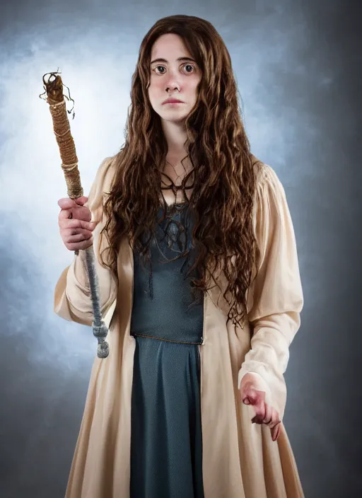 Image similar to portrait of emily compagno as hermione in the movie harry potter holding a wizard wand, by charlotte grimm, natural light, detailed face, canon eos c 3 0 0, ƒ 1. 8, 3 5 mm, 8 k, medium - format print, half body shot