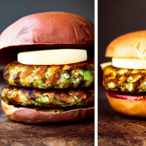 Image similar to potato burger, award winning photo, food photography, golden hour, holy