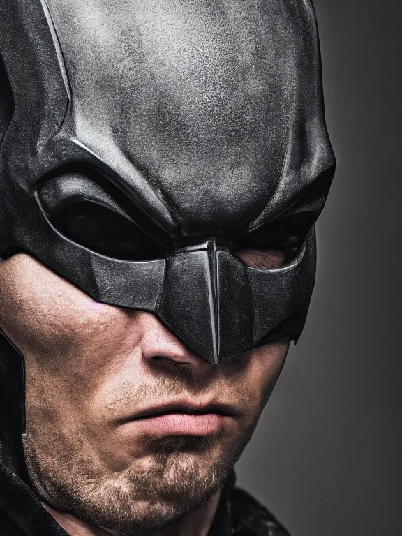 Image similar to portrait, ryan renolds as batman, maskless, hyperrealism, moody lighting, intricate, 8 k