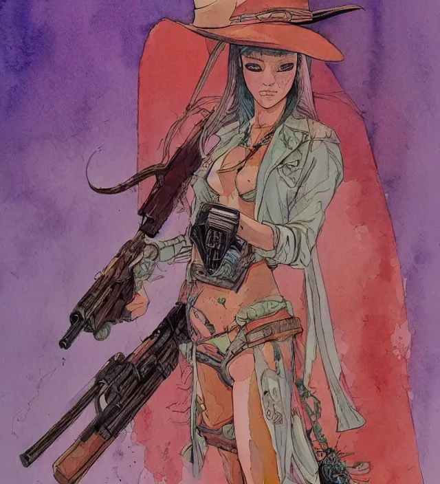 Prompt: a watercolor ink painting of bunnygirl gunslinger in the style of jean giraud in the style of moebius trending on artstation deviantart pinterest detailed realistic hd 8 k high resolution