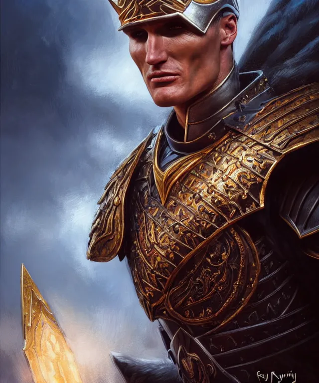Prompt: a ( fantasy comic ) ( cover art ) portrait of ( young dolph lundgren ) as a ( royal knight ) kneeling before the viewer, oil painting by greg rutkowski and serhiy krykun and artgerm, photorealistic, d & d, highly detailed!, hd, 4 k, trending on artstation