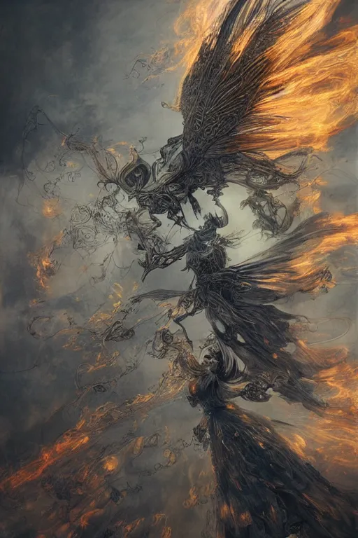 Image similar to portrait of of a flying beauty over meadows of fire, intricate line drawings, by Yoshitaka Amano, Ruan Jia, Kentaro Miura, Artgerm