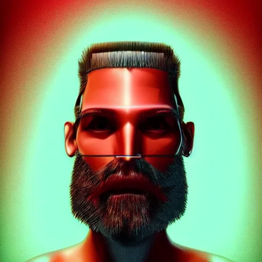 Prompt: hyperrealistic portrait cyberpunk man 4 0 old with large beard, red colored eyes, neon light, fantasy art, electronic face
