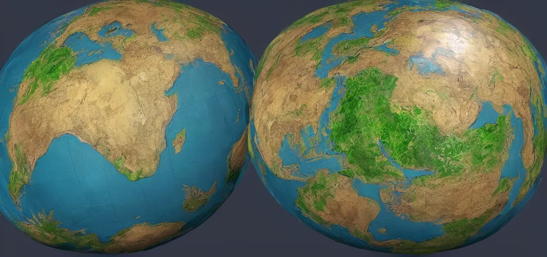 Prompt: fantasy world globe using eckert iv projection, extremely detailed, surreal biomes, fantasy, no text, 4 k