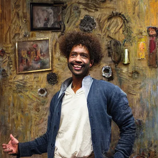 Prompt: black man with curly hair dancing inside a equipped photography studio by himself, intricate details, happy, impressionist painting, figurative painting