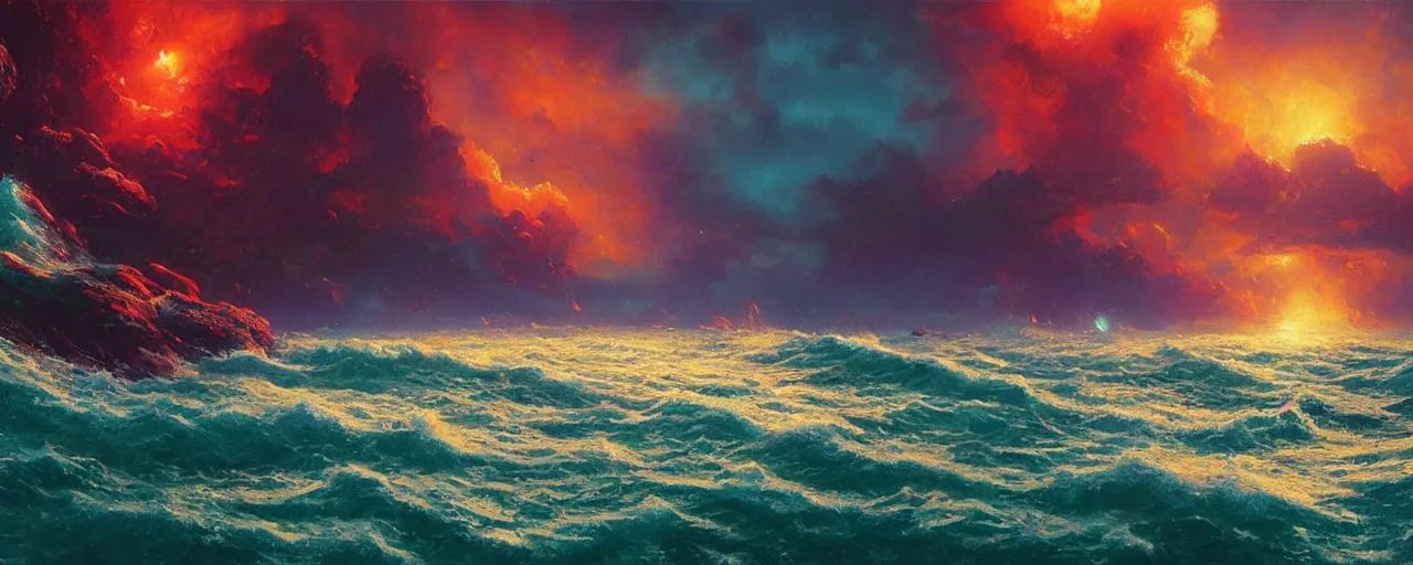 Image similar to ” vast ocean, [ art by paul lehr, cinematic, detailed, epic, widescreen, opening, establishing, mattepainting, photorealistic, realistic textures, octane render ] ”