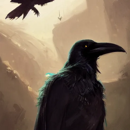 Image similar to digital art painting of an anthropomorphic!!! black crow!!! wearing wizard robes!!!, dnd portrait painted by craig mullins and gaston bussiere and greg rutkowski