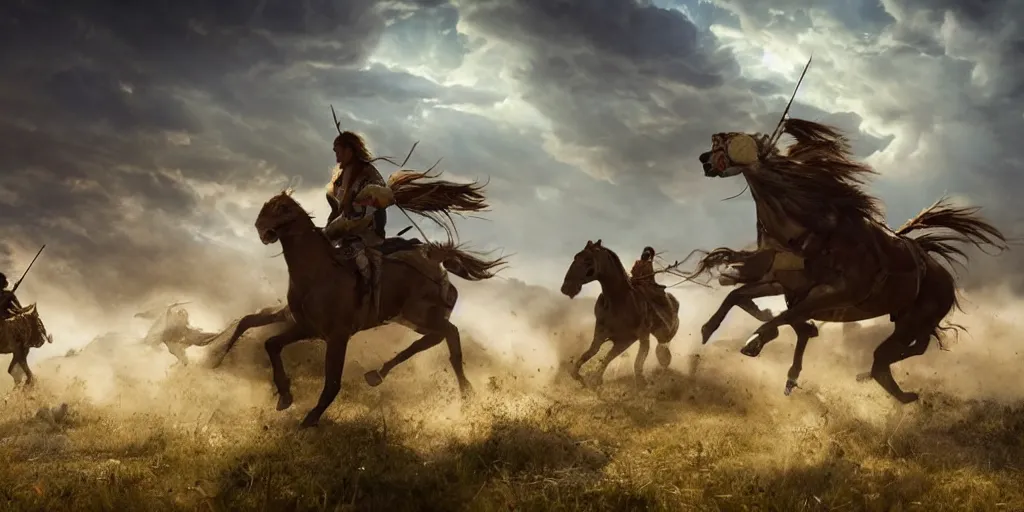 Prompt: promotional movie still of an action shot from the battle of little bighorn, majestic horses, desperate action, dramatic lighting, cinematic, extremely high detail, photorealistic, cinematic lighting, maxwell boas jessica rossier christian dimitrov anton fadeev trending on artstation cgsociety rendered in unreal engine 4 k hq