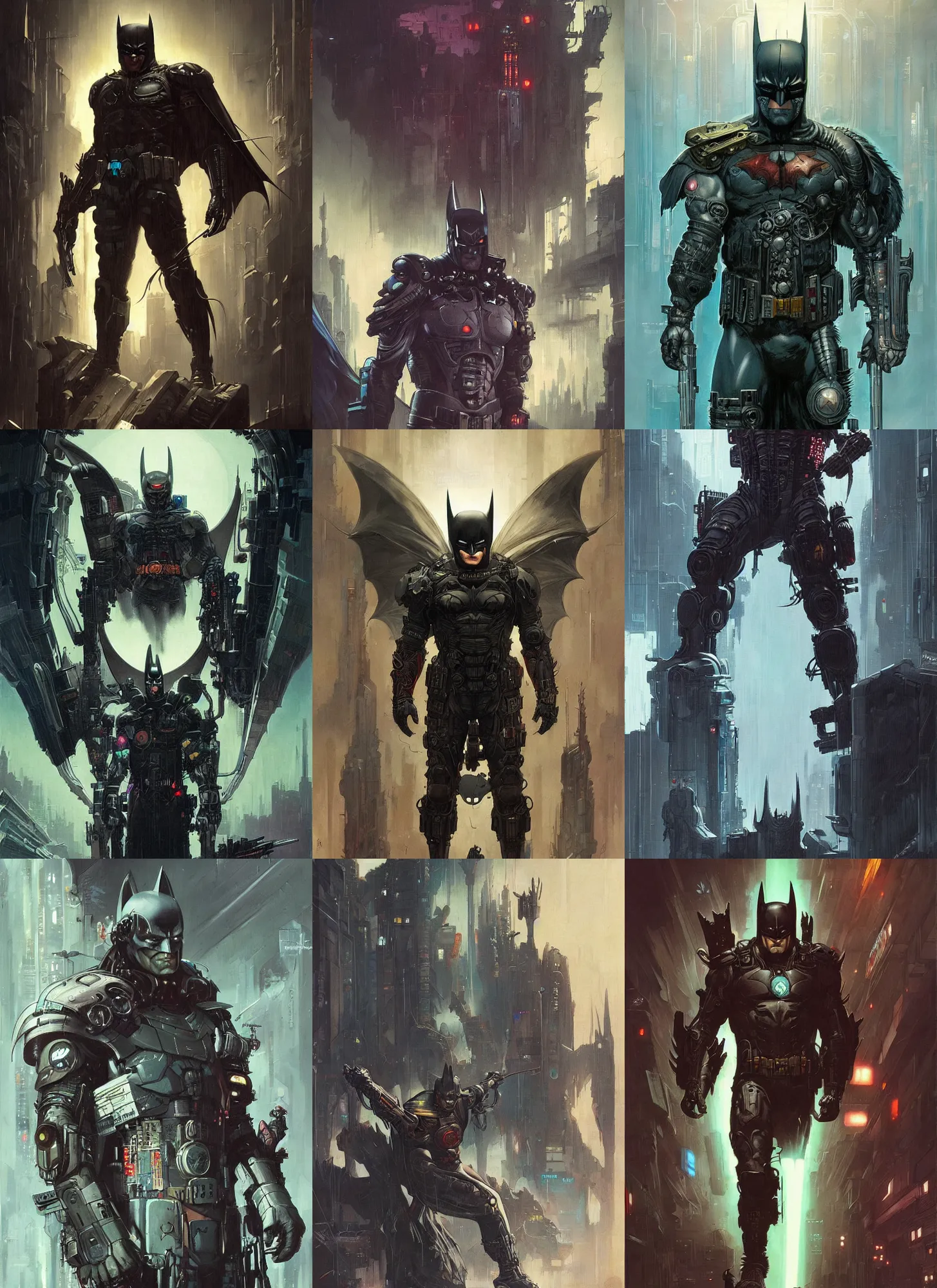 Prompt: cyberpunk batman, in the style of Frank frazetta and moebius, Peter mohrbacher and John William Waterhouse, maciej rebisz and h.r. giger