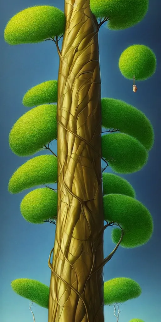 Prompt: a thin tree with an extremely long trunk, spherical foliage, low angle, ant perspective, fantasy digital painting by artgerm and leyendecker, surreal, photorealistic